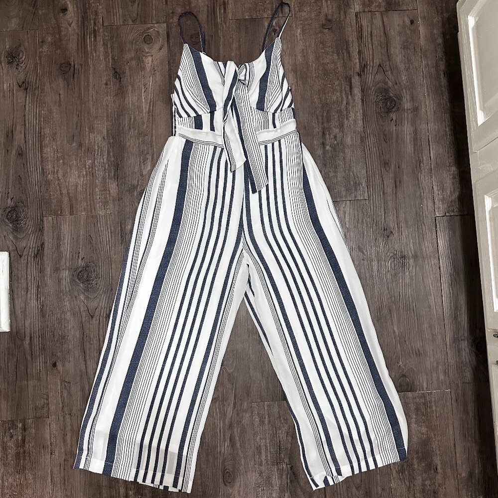 TJ Maxx White and Blue Stripped Jumpsuit Size X-Small